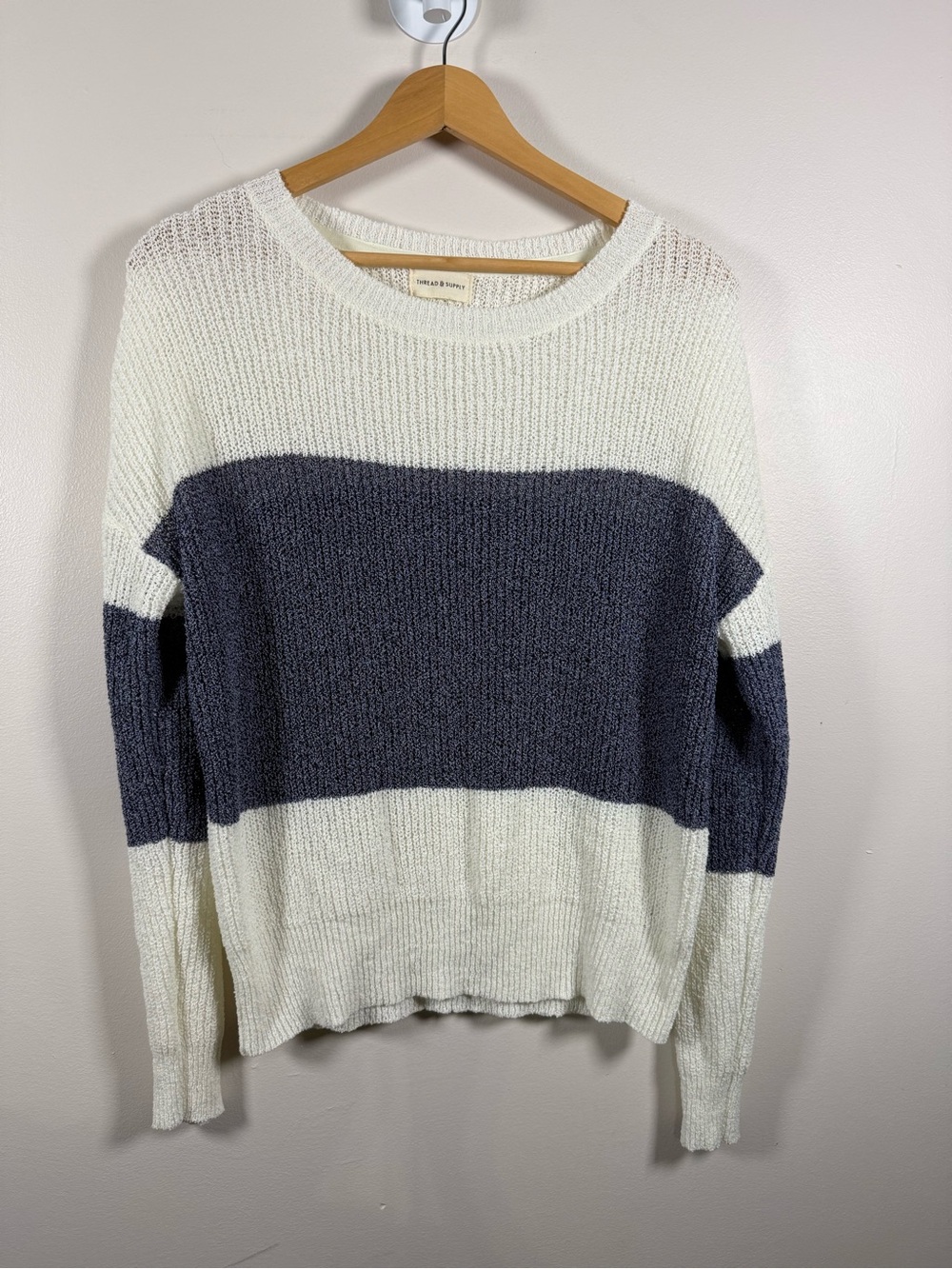 Thread & Supply White and Charcoal Striped Crewneck Sweater